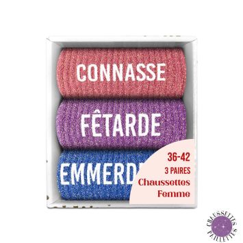 Coffret Trio de chaussettes à paillettes pour femme - Connasse, Fêtarde et Emmerdeuse - Collection Famille d'Amour