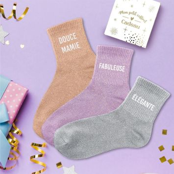 Coffret Trio de chaussettes à paillettes pour femme - Douce Mamie, Fabuleuse et Élégante - Collection Famille d'Amour