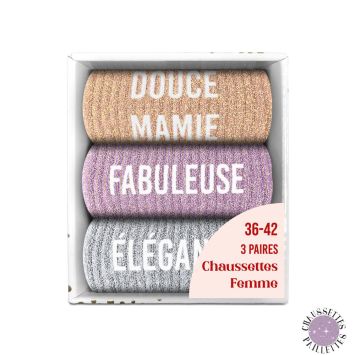 Coffret Trio de chaussettes à paillettes pour femme - Douce Mamie, Fabuleuse et Élégante - Collection Famille d'Amour