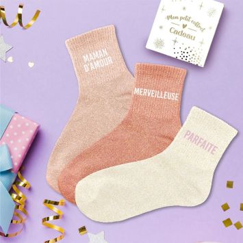 Coffret Trio de chaussettes à paillettes pour femme - Maman d'Amour, Merveilleuse et Parfaite - Collection Famille d'Amour