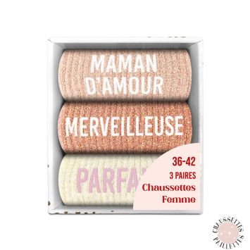 Coffret Trio de chaussettes à paillettes pour femme - Maman d'Amour, Merveilleuse et Parfaite - Collection Famille d'Amour