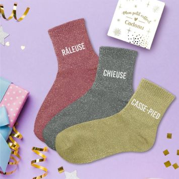 Coffret Trio de chaussettes à paillettes pour femme - Râleuse, Chieuse et Casse-Pied - Collection Famille d'Amour