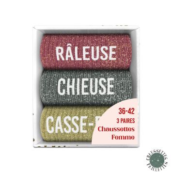 Coffret Trio de chaussettes à paillettes pour femme - Râleuse, Chieuse et Casse-Pied - Collection Famille d'Amour