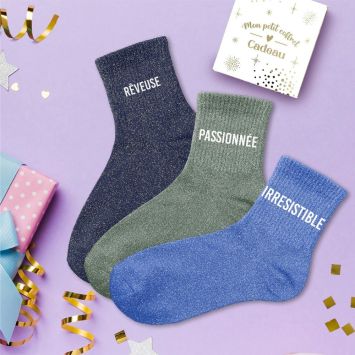 Coffret Trio de chaussettes à paillettes pour femme - Rêveuse, Passionnée et Irrésistible - Collection Famille d'Amour
