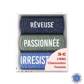 Coffret Trio de chaussettes à paillettes pour femme - Rêveuse, Passionnée et Irrésistible - Collection Famille d'Amour