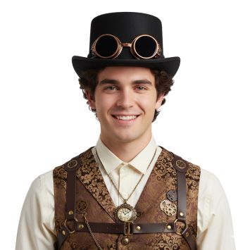 Chapeau haut-de-forme steampunk noir avec lunettes cuivrées | jourdefete.com
