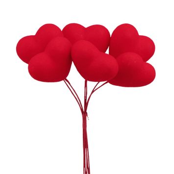 Bouquet de 6 cœurs rouges floqués en mousse - 10 x 4 x 15 cm - Saint-Valentin