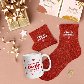 Coffret Mug à paillettes et Chaussettes à paillettes pour femme - Saint-Valentin - Collection Chéri Chérie