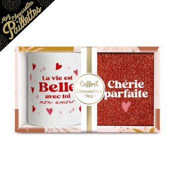 Coffret Mug à paillettes et Chaussettes à paillettes pour femme - Saint-Valentin - Collection Chéri Chérie