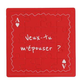 Puzzle en bois rouge et blanc Veux-tu m’épouser demande en mariage Saint-Valentin | jourdefete.com