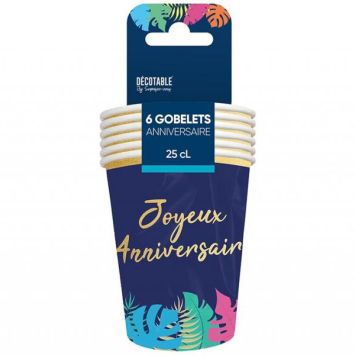 6 gobelets en carton "Joyeux Anniversaire" - 25 cl - Collection Tropical