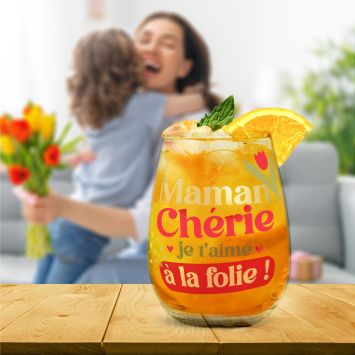 Verre à eau "Maman Chérie, je t'aime à la folie !" - Collection Maman d'Amour