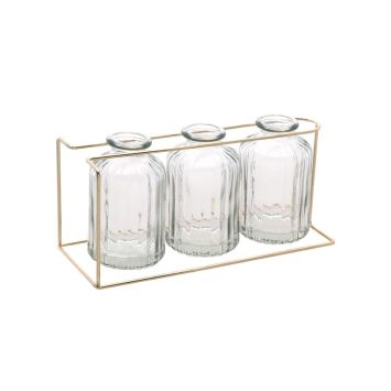 3 vases en verre transparent dans support métal