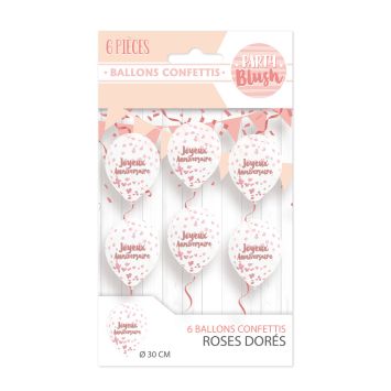 6 ballons à confettis "Joyeux Anniversaire" en latex - Rose Gold - 30 cm - Collection Party Blush