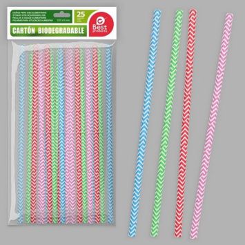 25 pailles multicolores à rayures en carton - 19,7 x 0,6 cm
