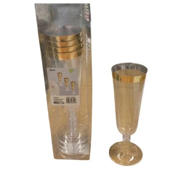 6 flûtes à champagne en plastique avec bordure dorée - 270 ml