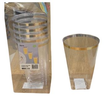 6 verres à eau en plastique avec bordure dorée - 270 ml