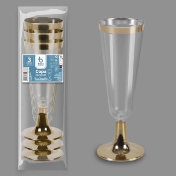 3 flûtes à champagne dorées en plastique réutilisable - 15 cl