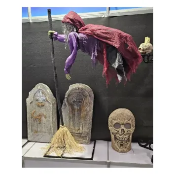 Sorcière volante avec balai d'Halloween animée sur pieds - 195 cm