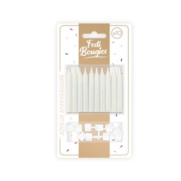 Lot de 10 bougies blanches pailletées avec supports | jourdefete.com Lot de 10 bougies blanches pailletées avec supports | jourdefete.com