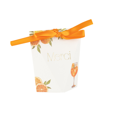Contenant à dragées Fizz Agrume "Merci" crème, orange et or avec ruban | jourdefete.com Contenant à dragées Fizz Agrume "Merci" crème, orange et or avec ruban | jourdefete.com