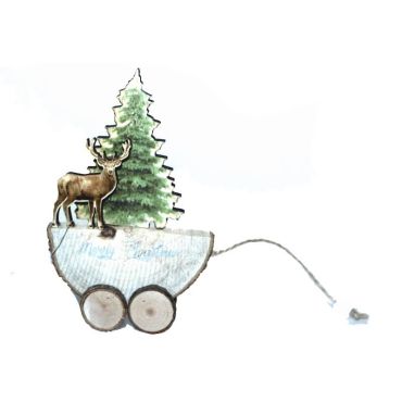 Décoration à poser Noël - Bois - Petit Chariot à tirer - Cerf et Sapin Décoration à poser Noël - Bois - Petit Chariot à tirer - Cerf et Sapin