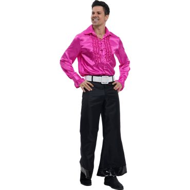 Chemise disco satin rose brillante pour homme, tenue années 70 festive | jourdefete.com