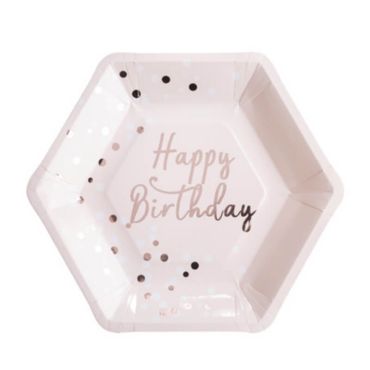 Sachet de 8 assiettes hexagonales "Happy Birthday Rose Gold" Sachet de 8 assiettes hexagonales "Happy Birthday Rose Gold"