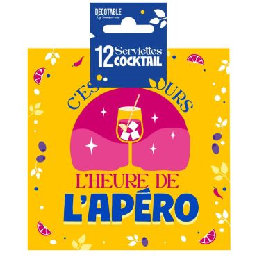Serviettes cocktail jaunes "C'est toujours l'heure de l'Apéro" avec motif de verre et fruits | jourdefete.com Serviettes cocktail jaunes "C'est toujours l'heure de l'Apéro" avec motif de verre et fruits | jourdefete.com