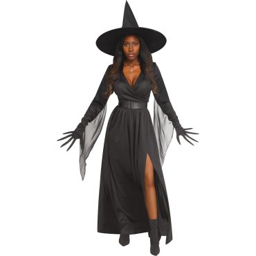Costume de sorcière moderne élégant avec robe noire fendue et grand chapeau pointu pour femme | jourdefete.com Costume de sorcière moderne élégant avec robe noire fendue et grand chapeau pointu pour femme | jourdefete.com