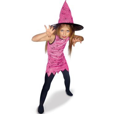 Petite fille portant un déguisement de sorcière rose avec robe imprimée toile d'araignée et chapeau pointu assorti | jourdefete.com