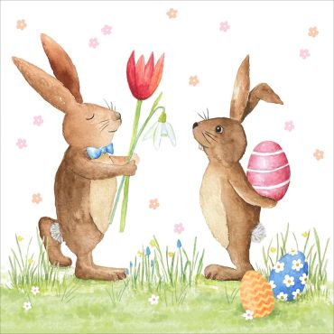 Serviettes de Pâques avec lapins, fleurs et œufs décorés en illustration aquarelle | jourdefete.com Serviettes de Pâques avec lapins, fleurs et œufs décorés en illustration aquarelle | jourdefete.com