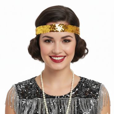Bandeau à sequins Charleston en or porté en style années folles | jourdefete.com Bandeau à sequins Charleston en or porté en style années folles | jourdefete.com