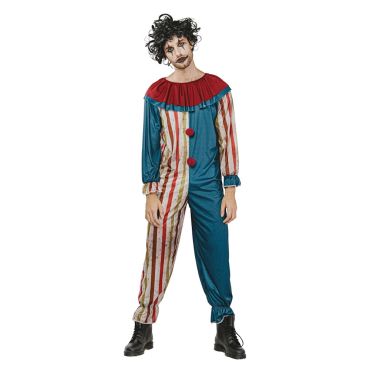 Homme fixant l'objectif avec un déguisement de clown vintage effrayant bicolore et ensanglanté pour Halloween | jourdefete.com Homme fixant l'objectif avec un déguisement de clown vintage effrayant bicolore et ensanglanté pour Halloween | jourdefete.com