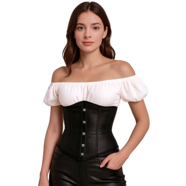 Femme portant un corset noir sous-poitrine aspect cuir avec des attaches métalliques | jourdefete.com Femme portant un corset noir sous-poitrine aspect cuir avec des attaches métalliques | jourdefete.com