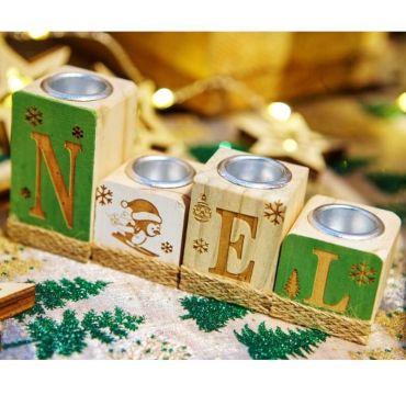 Bougeoir Noël - Bois - Petits cubes Vert et Blanc