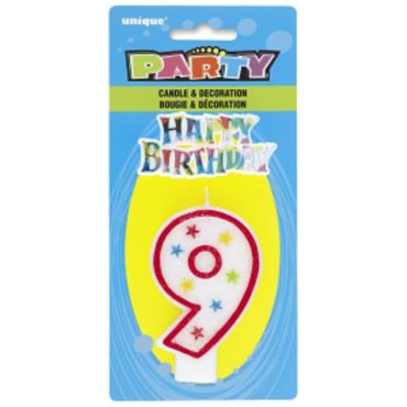 Bougie d'Anniversaire Chiffre 9 - Blanc et Rouge à étoiles avec décor Bougie d'Anniversaire Chiffre 9 - Blanc et Rouge à étoiles avec décor