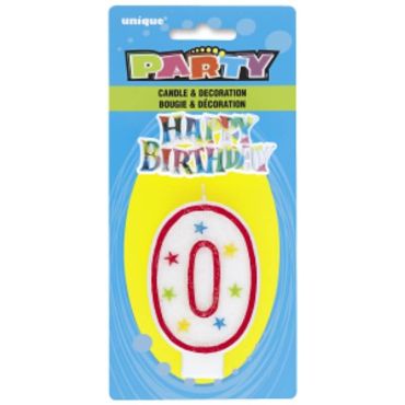 Bougie d'Anniversaire Chiffre 0 - Blanc et Rouge à étoiles avec décor Bougie d'Anniversaire Chiffre 0 - Blanc et Rouge à étoiles avec décor