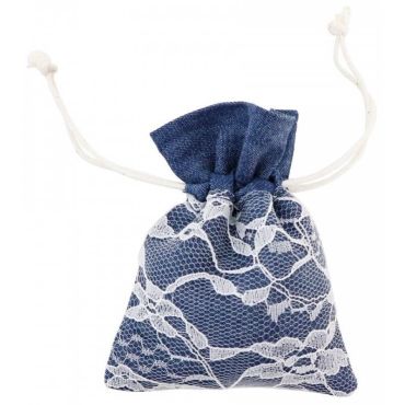 4 pochons jean en toile avec dentelle - 8 x 10 cm - Bleu Foncé | jourdefete.com