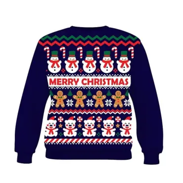 Pull moche de Noël enfant avec ours, bonshommes de neige et pain d’épices | jourdefete.com