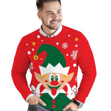 Pull moche de Noël homme motif elfe rouge et vert, flocons et étoiles | jourdefete.com Pull moche de Noël homme motif elfe rouge et vert, flocons et étoiles | jourdefete.com