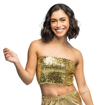 Femme souriante portant un haut bandeau doré à sequins brillants pour soirée disco | jourdefete.com Femme souriante portant un haut bandeau doré à sequins brillants pour soirée disco | jourdefete.com
