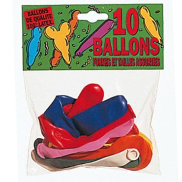 Sachet de 10 ballons de formes, tailles et couleurs assorties Sachet de 10 ballons de formes, tailles et couleurs assorties