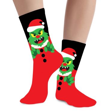 Chaussettes de Noël fantaisie avec motif monstre vert grincheux à bonnet rouge | jourdefete.com Chaussettes de Noël fantaisie avec motif monstre vert grincheux à bonnet rouge | jourdefete.com