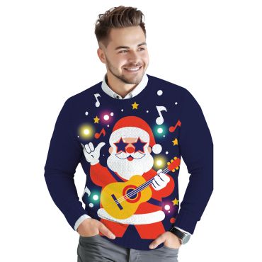Pull moche de Noël bleu marine lumineux avec motif Père Noël guitariste rock | jourdefete.com Pull moche de Noël bleu marine lumineux avec motif Père Noël guitariste rock | jourdefete.com