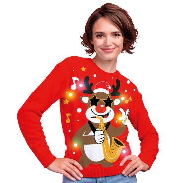 Femme portant un pull moche de noël rouge lumineux avec un renne rigolo jouant du saxophone | jourdefete.com Femme portant un pull moche de noël rouge lumineux avec un renne rigolo jouant du saxophone | jourdefete.com
