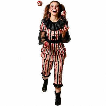 Femme en costume de clown tueur d'Halloween jonglant avec des balles ensanglantées | jourdefete.com Femme en costume de clown tueur d'Halloween jonglant avec des balles ensanglantées | jourdefete.com
