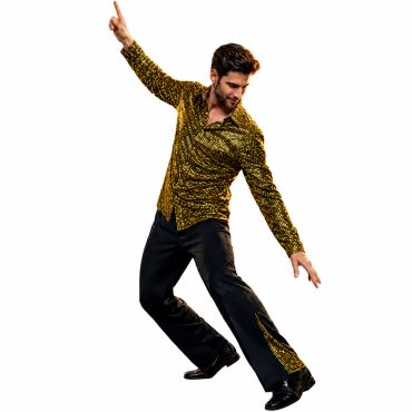 Homme réalisant une pose de danse disco avec une chemise à manches longues en sequins dorés et un pantalon noir évasé | jourdefete.com Homme réalisant une pose de danse disco avec une chemise à manches longues en sequins dorés et un pantalon noir évasé | jourdefete.com