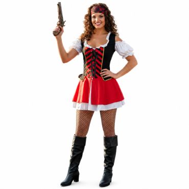 Femme souriante vêtue d'un déguisement de pirate corsaire rouge et noir | jourdefete.com