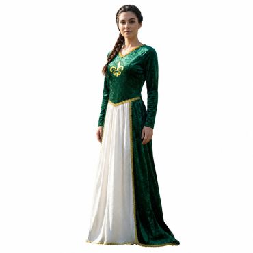 Femme vêtue d'une longue robe verte et blanche de dame médiévale avec fleur de lys dorée | jourdefete.com